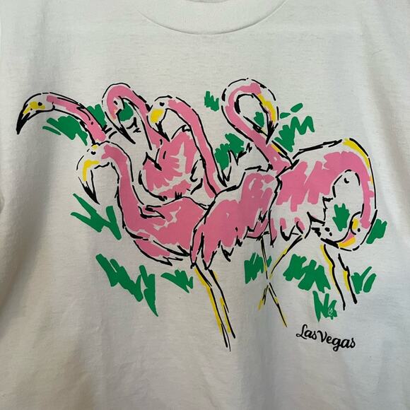 Vintage 80s Screen Stars Best Flamingo print white & pink single stitch T shirt - Picture 5 of 11